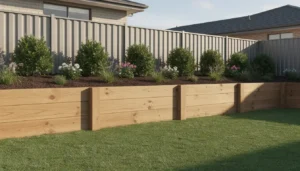 Timber sleeper wall built near a property fence line by expert retaining wall specialists Auckland.